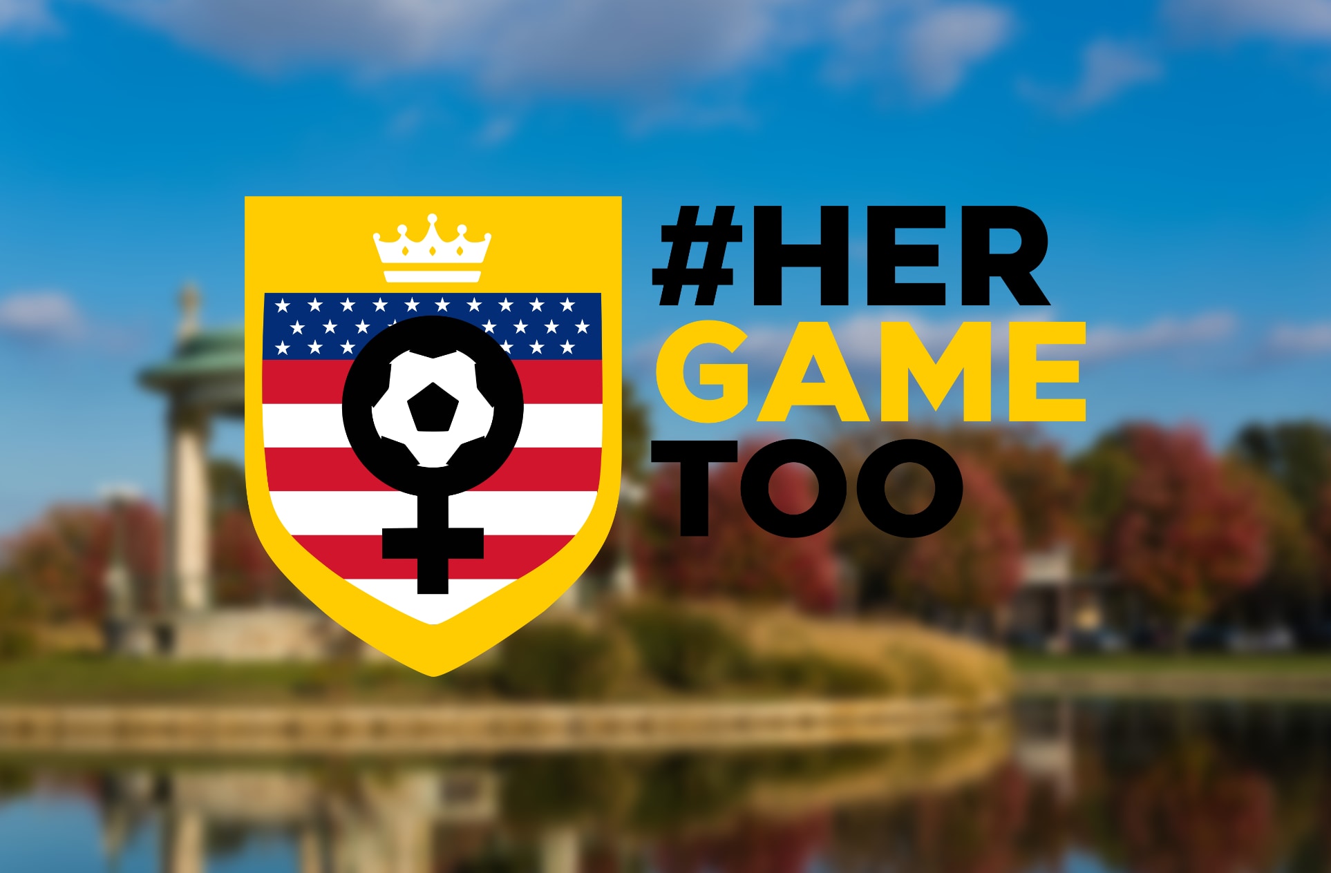 The Her Game Too USA logo against a backdrop of the pagoda at The Muny Opera in Forest Park.